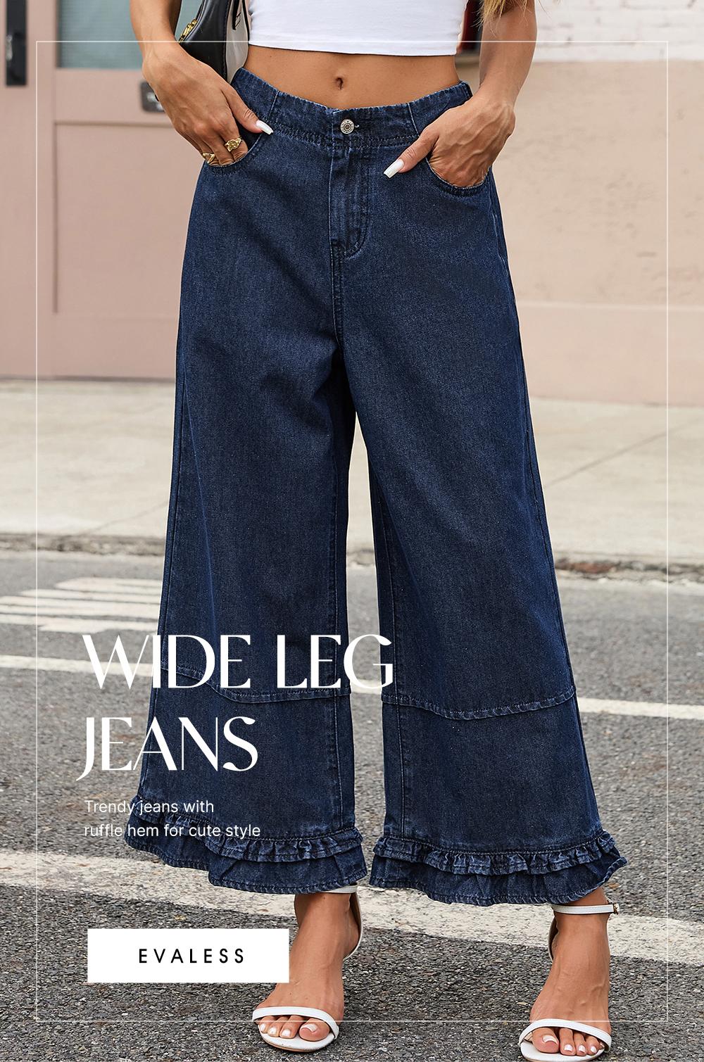 EVALESS Womens Oversize Wide Leg Jeans 2026 Trendy Cotton 100% Mid-Rise Cropped Baggy Jeans Loose Fit Cute Ruffle Hem Trouser Denim Pants 2026 Trendy Womenswear