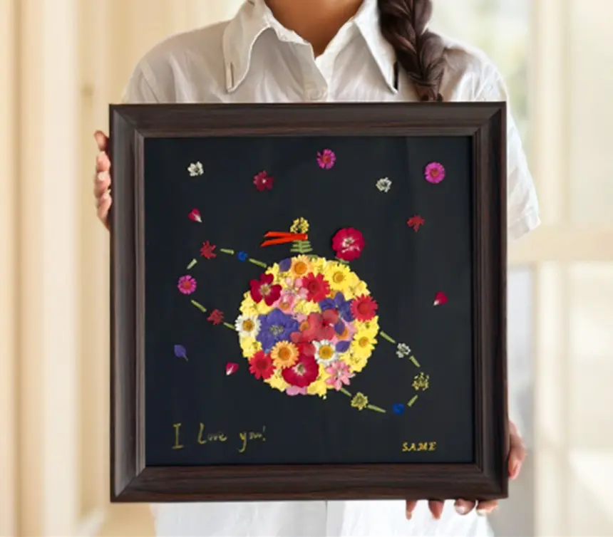 DIY Pressed Flower Frame Kit - Wooden Shadow Box with Preserved Real Flowers, Letters Stickers & DIY Tools Set - Unique Handmade Gift for Birthday Wedding Home Decor Christmas Metallic