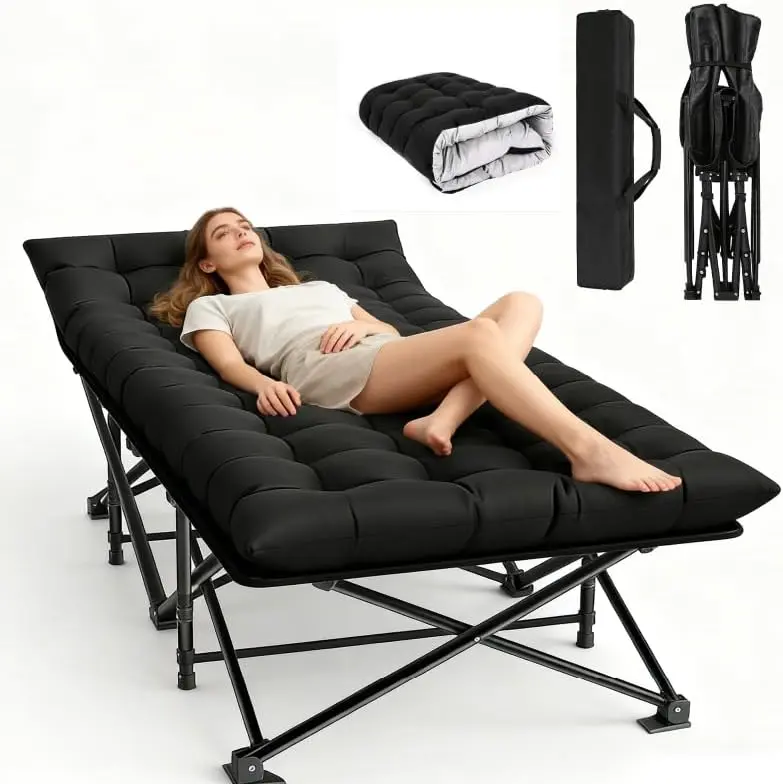 Oversized XXL Camping Cot, Folding Cot Camping Cots for Adults Portable Folding Outdoor Bed with Mat and Carry Bag, Heavy Duty Sleeping Cots for Outdoor Travel Camp Beach Vacation (Black)