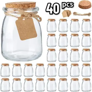40 Pack Mini Glass Favor Jars with Cork Lids – 3.4 oz Yogurt Pudding Containers, Mason Jars for Wedding Favors, Baby Shower, Candy, Honey, with Tags & Twine