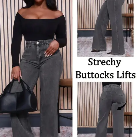 Plus Size Women's Stretchy Washed Casual Loose-Fit Wide-Leg Bottom Jeans Trouser, All-Season Fashion Denim, New Fall Winter Arrival, Womenswear, 1 Piece, Bell Bottom Denim