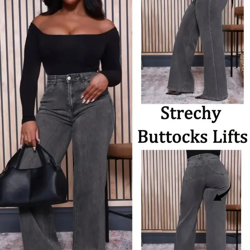 Plus Size Women's Stretchy Washed Casual Loose-Fit Wide-Leg Bottom Jeans Trouser, All-Season Fashion Denim, New Fall Winter Arrival, Womenswear, 1 Piece, Bell Bottom Denim