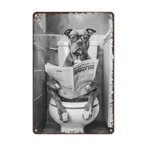1pc Funny French Bulldog Bathroom Tin Sign 8 x 12 Inch French Bulldog on Toilet Reading Newspaper Black & White for Home Living Room Decor metal wall decor friend ideal gift accent