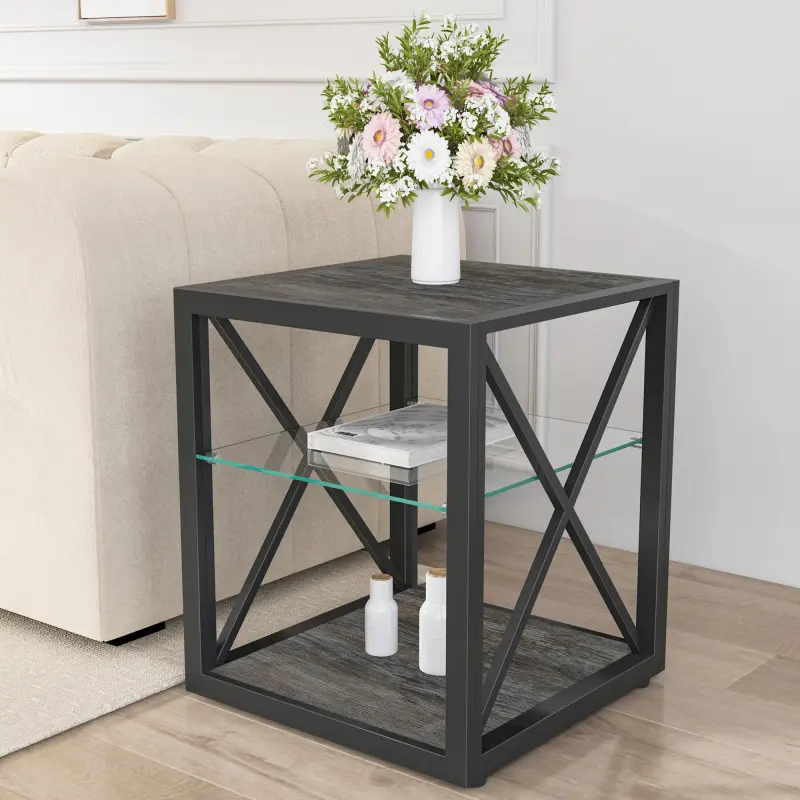 Nightstand Modern End Table Bedside Table for Bedroom, Living Room, Tempered Glass& Rustic Wood Grain MDF, Industrial Style Side Table