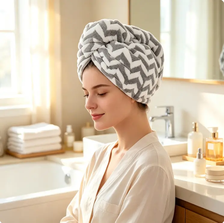 Women's Super Absorbent Microfiber Hair Towel Cap, Modern Hooded Turban with Cute Headband, Quick-Dry, Lightweight, Portable, Reduces Blow-Drying Time, Stripes Design, Home-Bath Travel Textile Essential