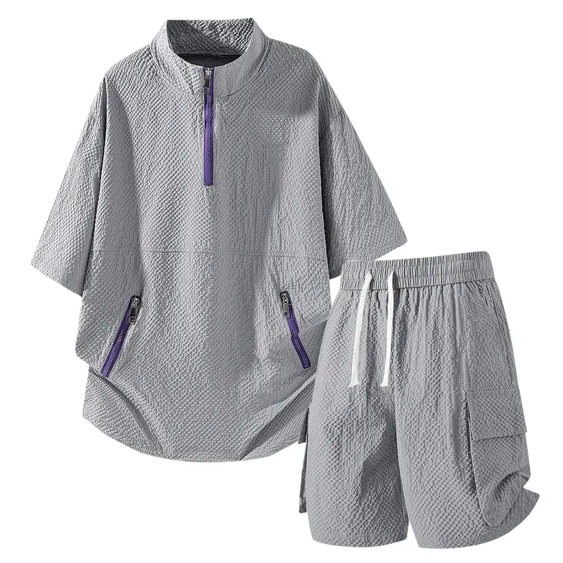 Men's 2-Piece Shorts Set - Trendy Plain Short-Sleeve Cool Airflow Top with Chain Detail, Matched Top+Shorts, Casual Breathable Pull-On Summer Polyester Athleisure, Multi-Size Minimalist Sporty Oversized Sports Clothes
