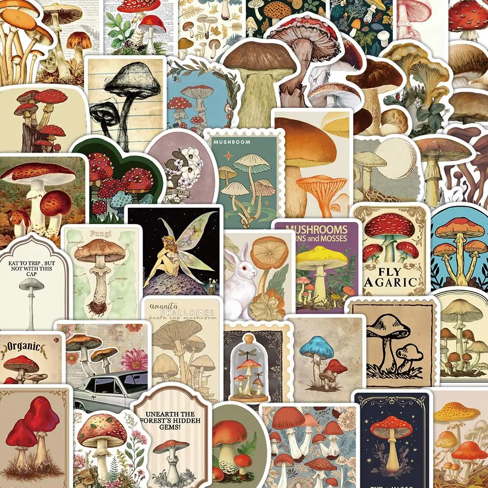 Vintage Mushroom Pattern Sticker, 50pcs Sticker Set Cute Decorative DEcals, Durable Adhesive Stickers, Waterproof Self Adhesive Decor Paper for Gift Greeting Card & Water Bottle & Laptop