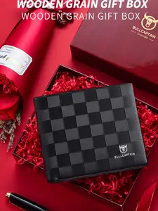 Bullcaptain Men's Genuine Leather Wallet, Large Capacity, Multiple Card Slots, Fashion Casual Design, Plaid Pattern, Perfect Gift for Boyfriend or Father