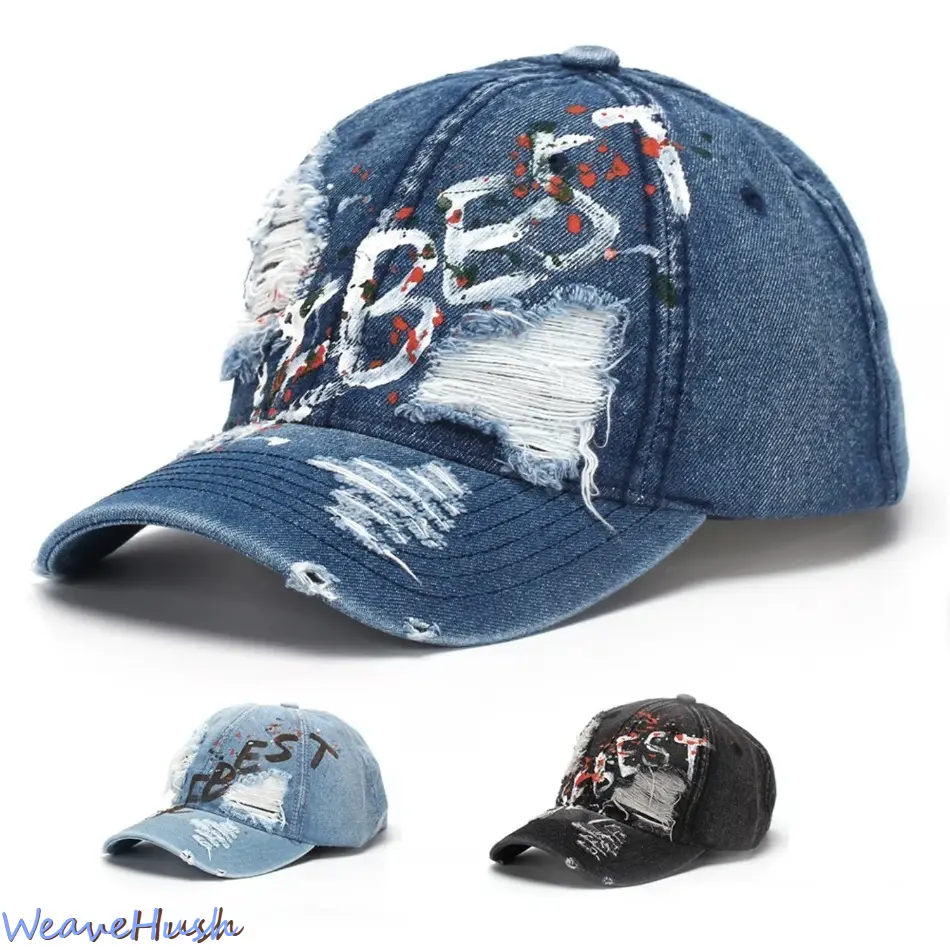 Unisex Adult Vintage Washed Distressed Ripped Denim Baseball Cap - Embroidered English Letters, Personalized Lettering, Adjustable Snapback, UV Protection Clothing, All Seasons, Casual Outdoor Sports Hat, One Size Fits All