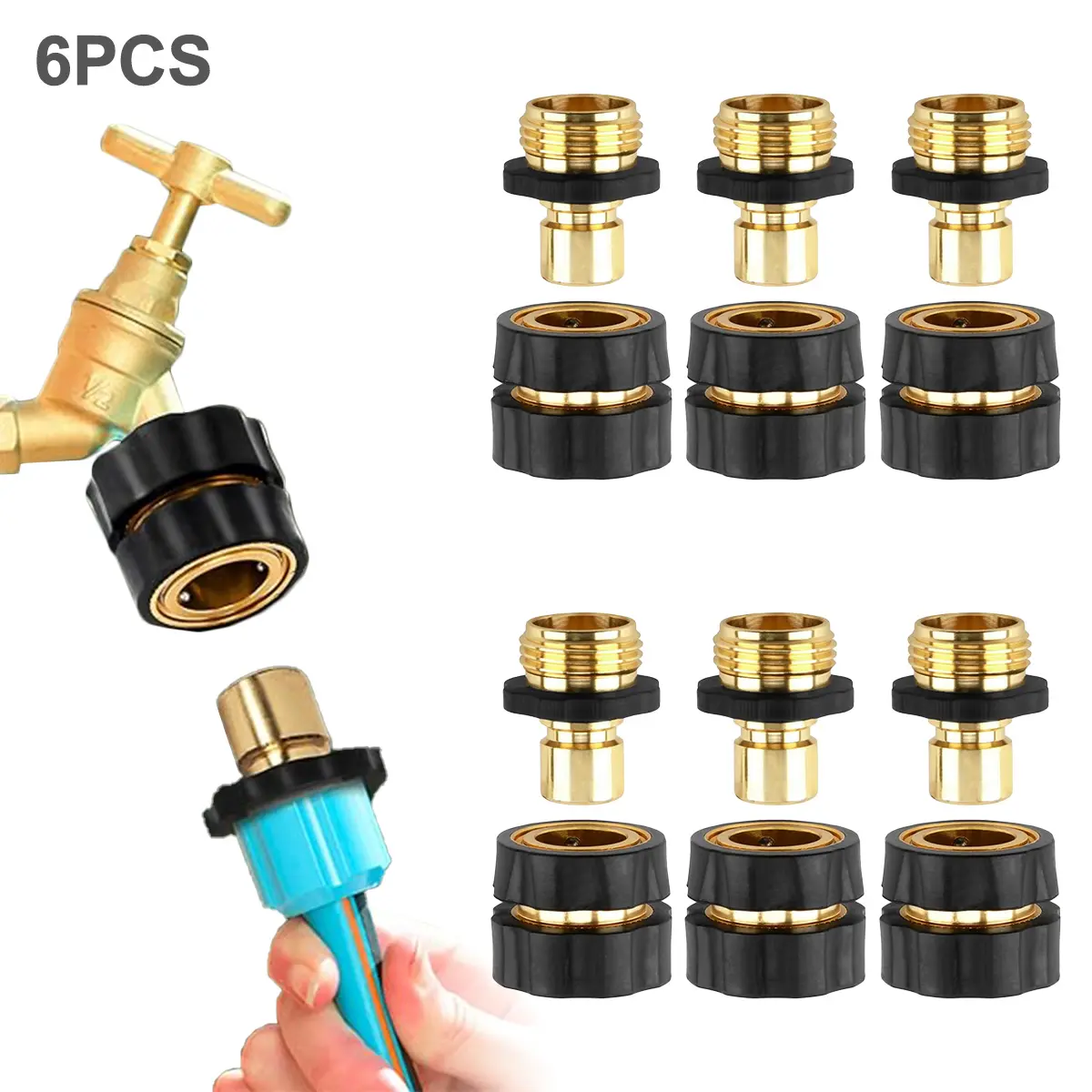 6PCS Metal Garden Hose Quick Connectors – Easy Snap-On 3/4" Male & Female Fittings, Leak-Free Outdoor Hose Adapter Kit
