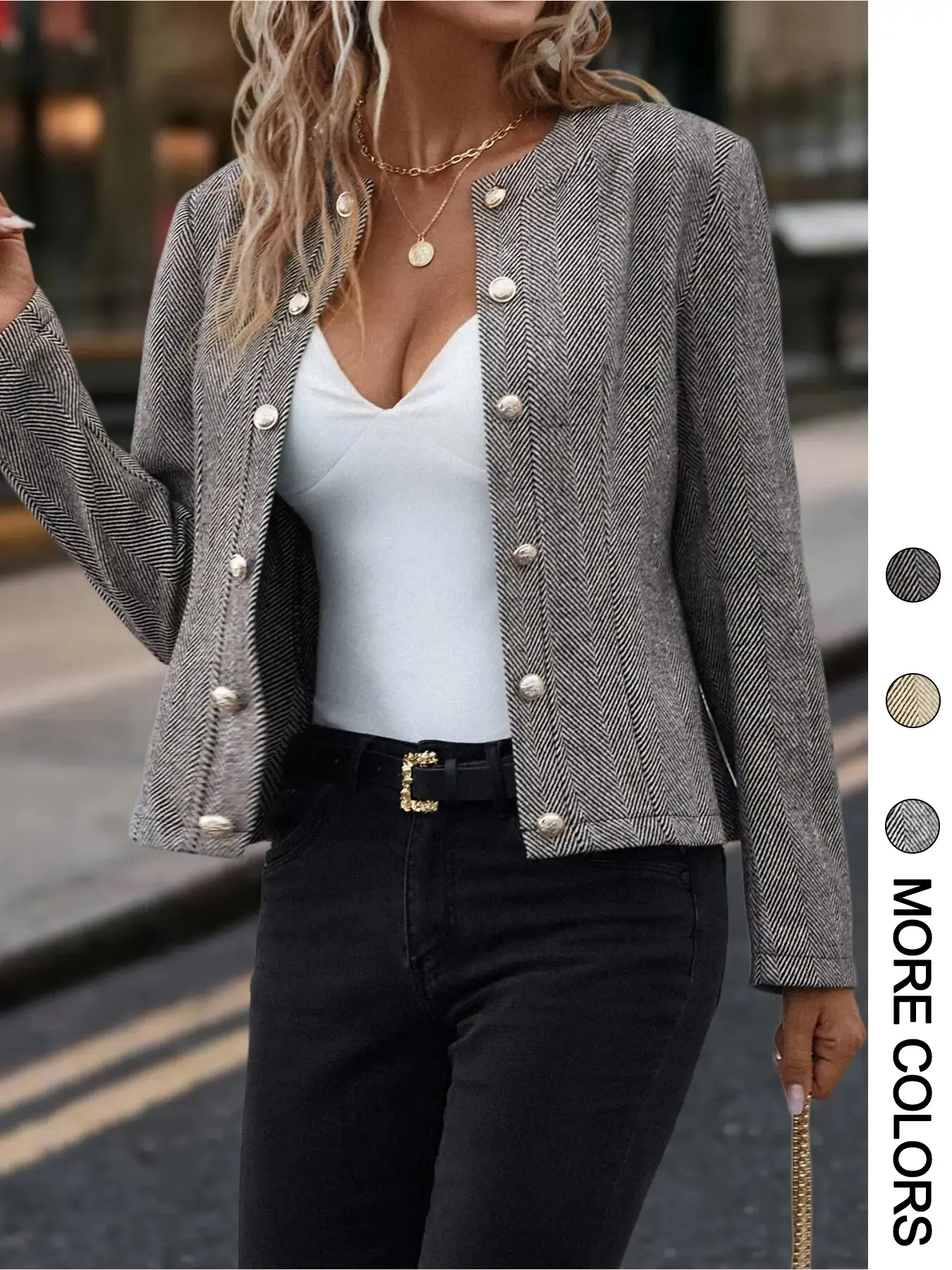 Women's Striped Print Woven Button Front Blazers, Trendy Blazer, Casual Long Sleeve Outerwear for Spring & Fall, Ladies Clothes for Work Office Business
