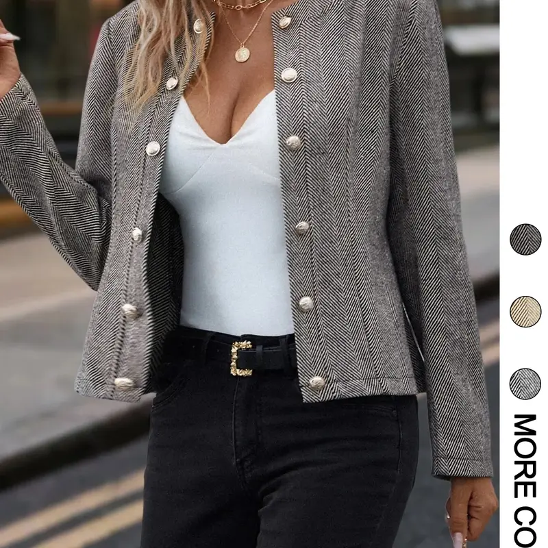 Women's Striped Print Woven Button Front Blazers, Trendy Blazer, Casual Long Sleeve Outerwear for Spring & Fall, Ladies Clothes for Work Office Business, Blazer Jackets