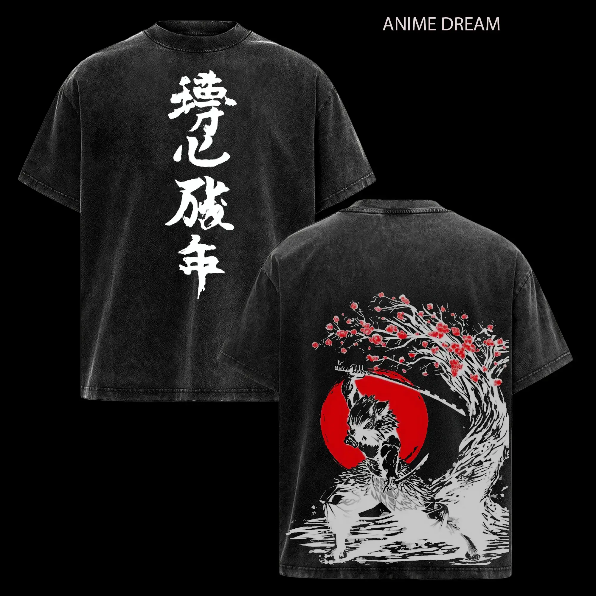 Inosuke Hashibira Demon Slayer Anime Double Printed Vintage Washed Tee Unisex Oversize Heavyweight Cotton T-shirt for Anime Fans and Lovers