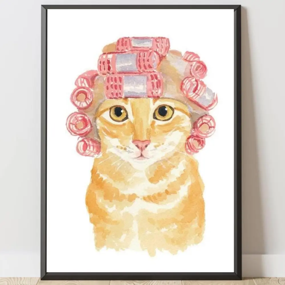 Cute Cat Wall Art Watercolor Kitty Poster Kawaii Cat Print Pink Bathroom Decor Funny Pet Lover Gift
