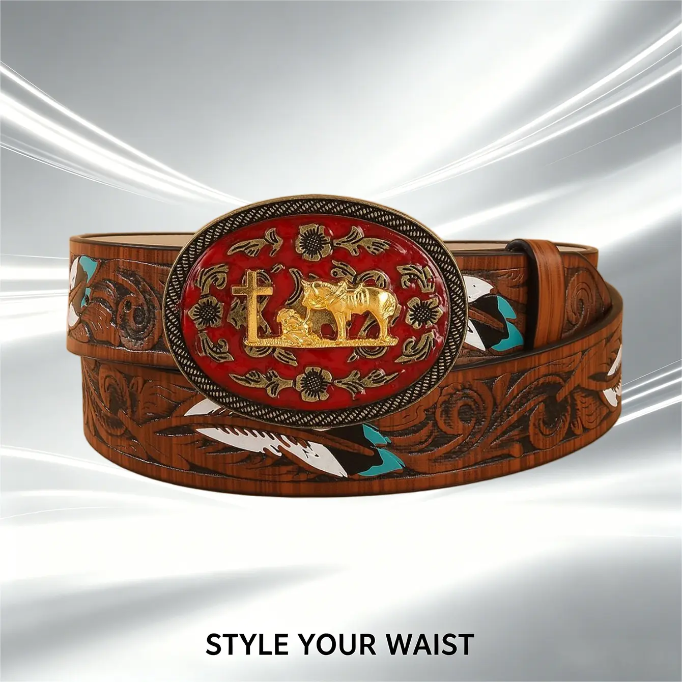 Western religious prayer scene buckle belt with turquoise feather accents cowgirl youthful style