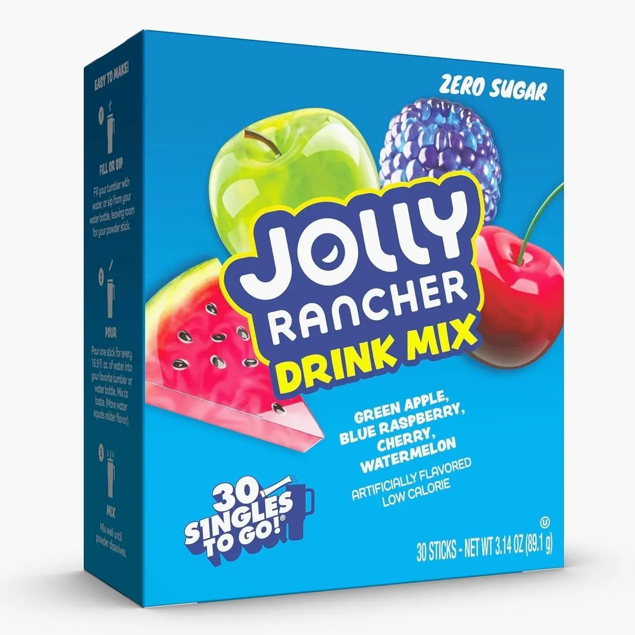 Jolly Rancher Singles To Go Variety Pack, Powdered Drink Mix, Zero Sugar, Low Calorie, Includes 4 Flavors: Green Apple, Blue Raspberry, Cherry, Watermelon, 1 Box (30 Single Servings)