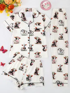 Women's Sleepwear Set, Loungewear Pajama Set, Cozy Lounge Set, Button Front Short Sleeve Top & Loose Comfortable Shorts/pants, Casual Cow Pattern, All Seasons Wear