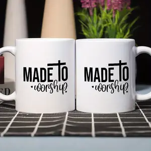 1pc "MADE to WORSHIP" Inspirational 11oz Ceramic Coffee Mug with Cross Symbol - Dishwasher Safe, Insulated White Cup with Black Handles - Perfect Gift for Birthdays, Office, Home, and Parties, Coffee Bar Accessories