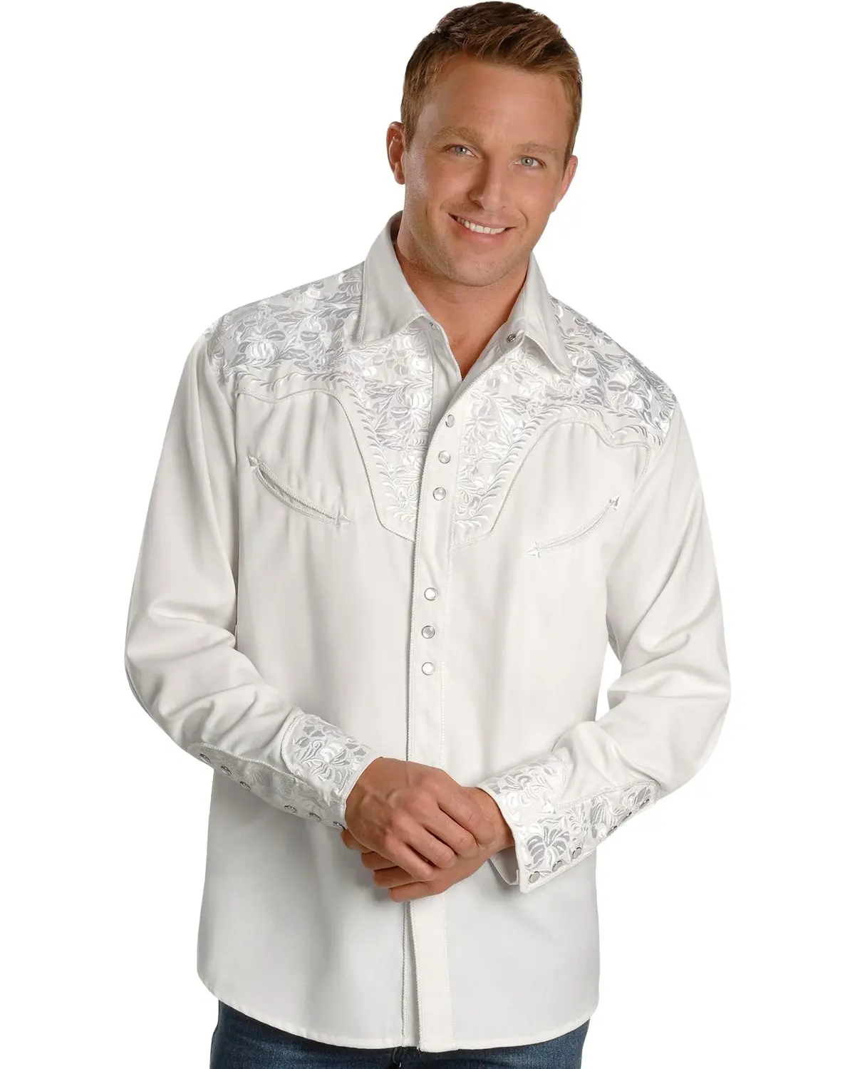 Scully Men's White Floral Embroidery Retro Western Shirt Big And Tall - P-634X Wht
