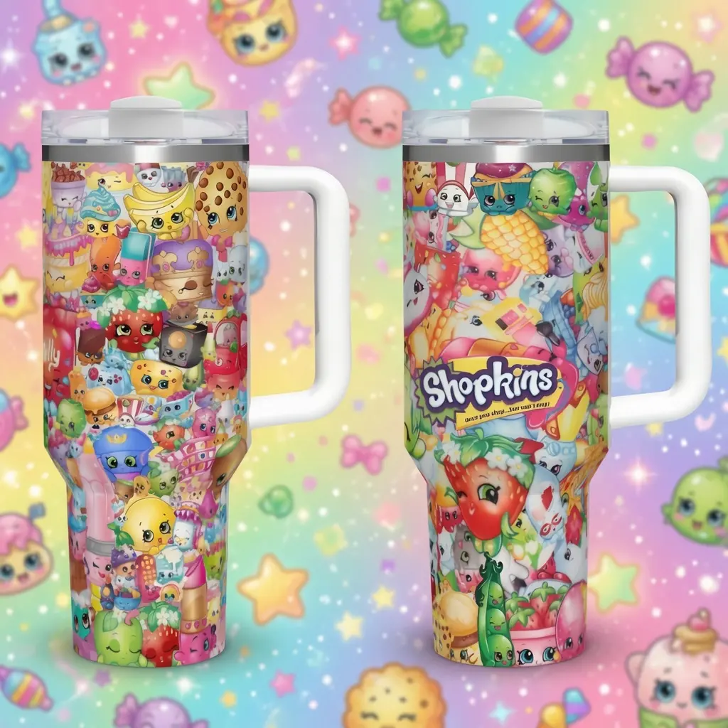 40oz Stainless Steel Tumbler, 1 Count Shopkins Pattern Insulated Water Bottle, Stainless Steel Thermos, Stainless Steel Flask, Drinking Cup for Home Office School, Boyfriend Gift, Drinkware, Summer Cool Bottle