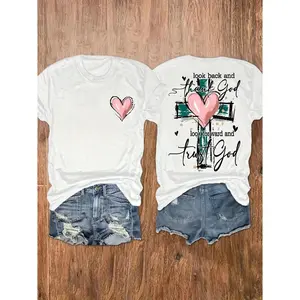 Womens Short Sleeve Graphic Tee Look Back Thank God Look Forward Trust God Cross and Pink Heart Faith Shirt Casual Summer Outfit