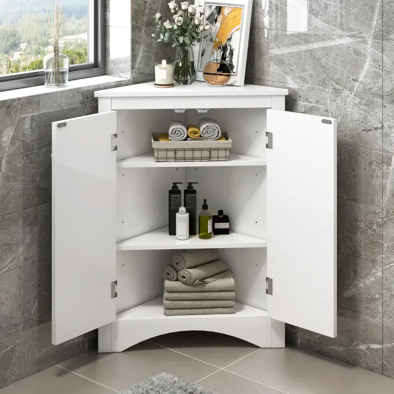 Corner Storage Cabinet with 2 Doors and 2 Tier Adjustable Shelves, Freestanding Floor Bathroom Cabinet Short Corner for Bathroom, Living Room (White)