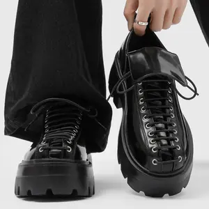 Men's black glossy platform sneakers, lace-up chunky casual shoes, edgy streetwear design