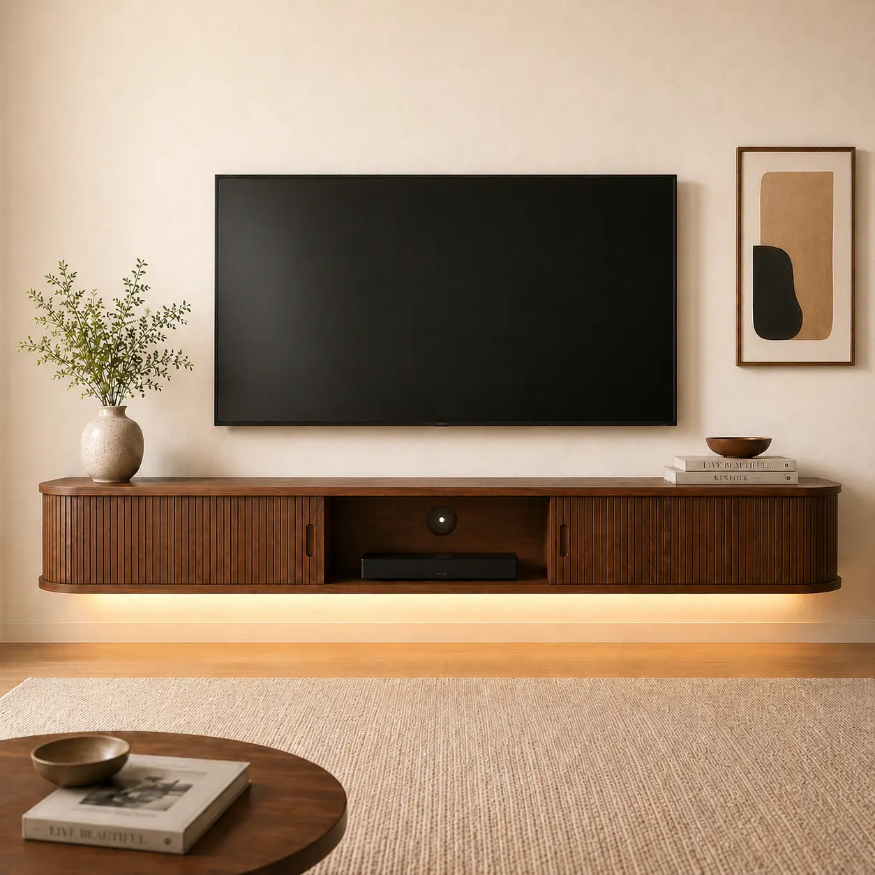 63" Walnut Floating TV Stand, Fluted Tambour Doors, App RGB LED Lights | Smooth sliding panels Music-sync effects Smartphone color tuning Dimmable scenes Cable management 99-lb load capacity