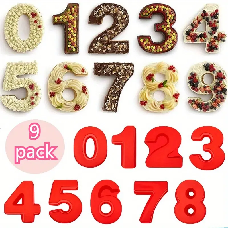 9Pcs 10-Inch Large Size Number Moulds, Baking Forms Silicone Number Mold Simple to Make Small Digital Cakes to Celebrate Birthday, Anniversary or Special Day (0-8)