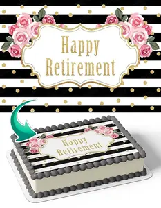 CAKECERY Happy Retirement Rose Flowers Gold Edible Cake Image Topper Birthday Cake Banner 1/4 Sheet Decor