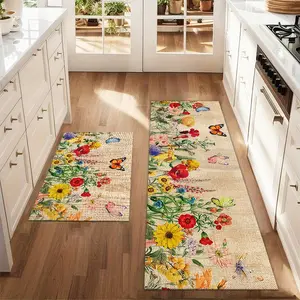 2Pcs Spring Flowers and Butterflies Floor mat set including farmhouse kitchen Rug dining room flooring laundry room decorative carpet mat