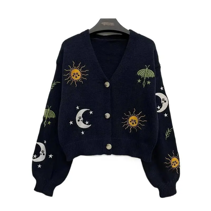 Women's Fitted V-Neck Off Shoulder Short Knitted Cardigan - Sun & Moon Pattern, Front Buttons, Lantern Sleeves, Acrylic, Elegant Plain, All Seasons, Casual Comfortable Crop Womenswear Top, Moon And Sun, No, Solid