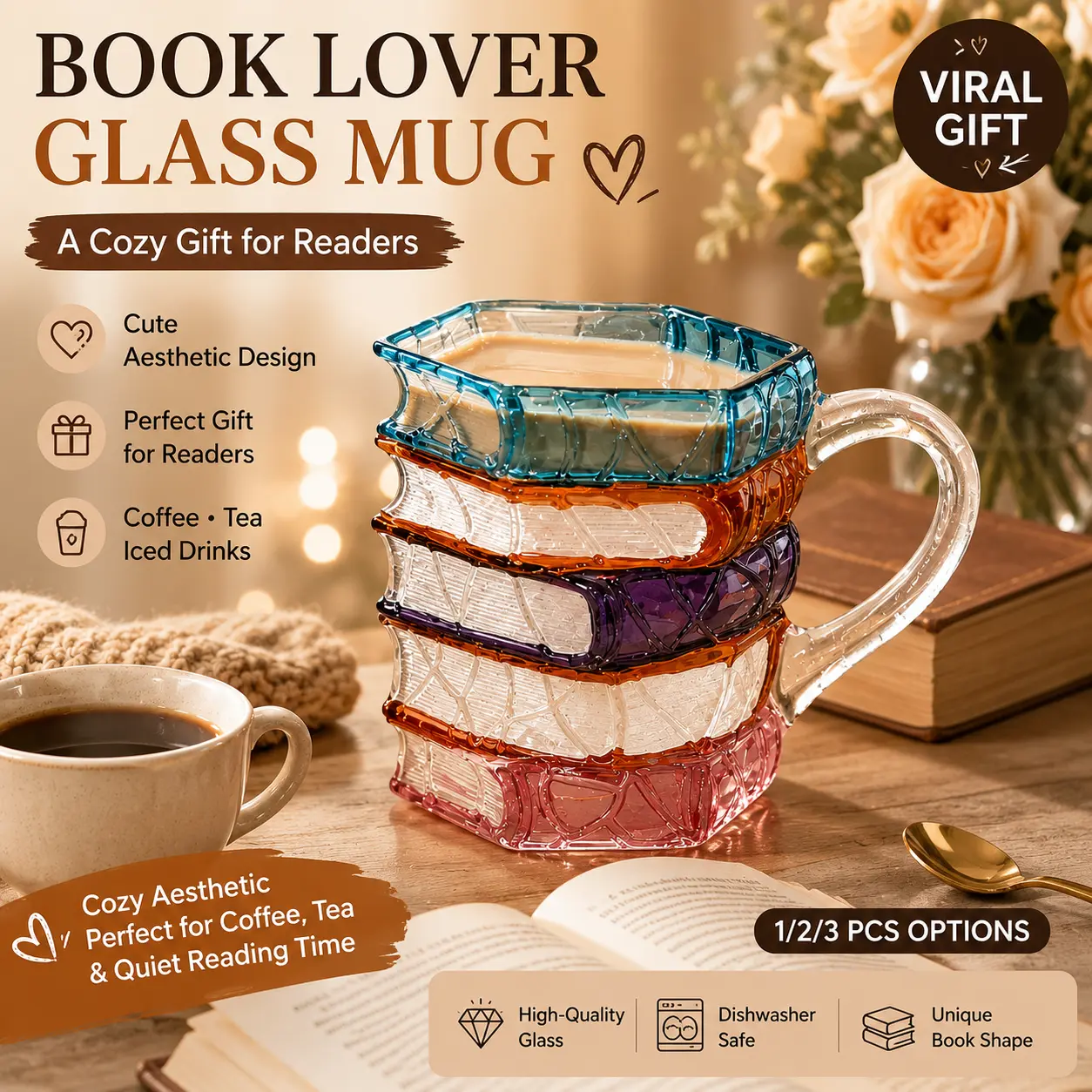 Book Lover Mug for Readers – Cozy Aesthetic Coffee Cup Gift for Book Lovers & Literature Fans Tumbler Tea Glass