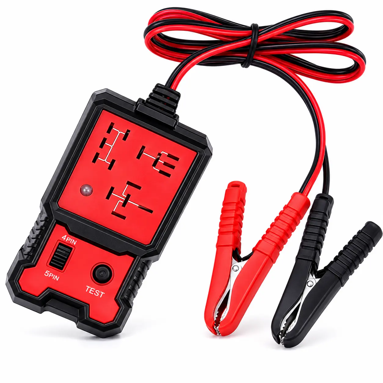 This automotive relay tester is a 12V automotive relay diagnostic tool suitable for 4-pin and 5-pin relays, and includes a battery test clip.
