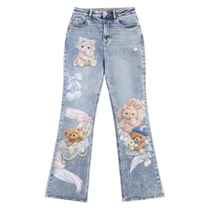 Y2K Kawaii Bear Printed Denim Jeans for Women Wide Leg High Waist Stretchy Jeans Streetwear Pants Cute Bottom