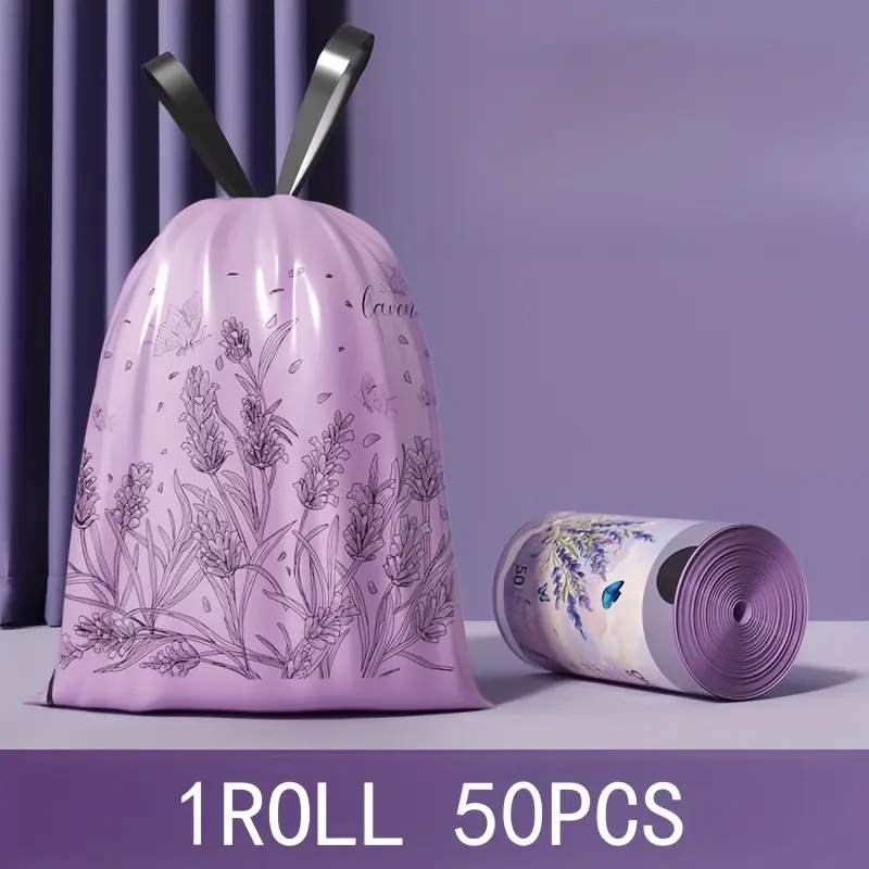 50 Lavender Scented Heavy Duty Plastic Trash Bags, Thickened Drawstring Closure, 4 Gallon Capacity, Durable Odor-Resistant, Kitchen Office Home Restaurant Garbage Bags, Trashbags