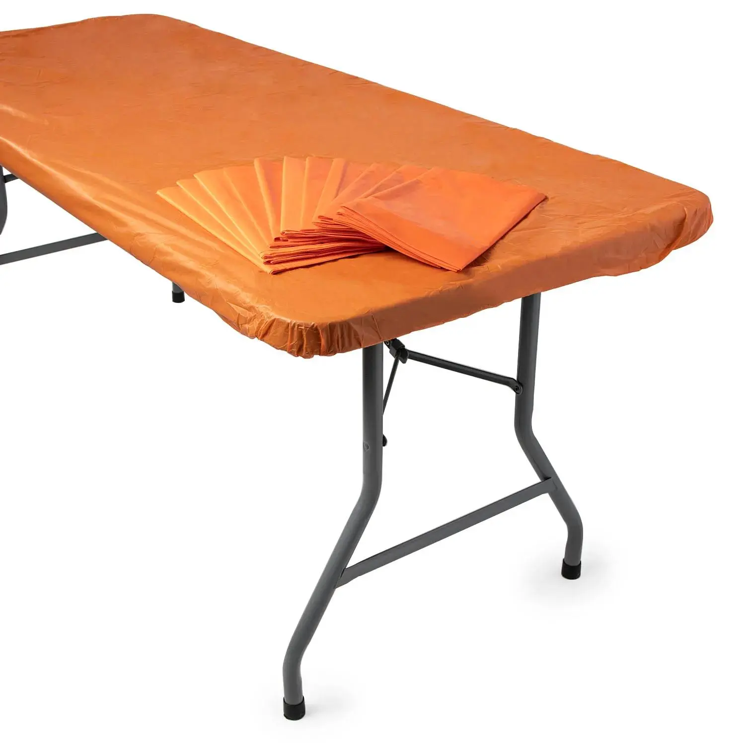 6 ft. Bulk 12 Pc. Orange Fitted Rectangle Disposable Plastic Tablecloths
