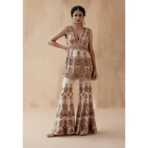 Beige floral thread kurta and sharara