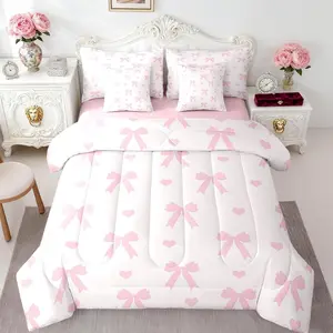 Pink Bowknot Bedding Set,7 Pieces,Princess Style Bow Dreamy Bow-tie Comforter Set with Sheets for Kids Girls