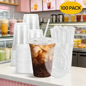 100-Pack 16 oz to 24 oz Clear Plastic Cups with Lids & Straws Durable BPA-Free Disposable for Cold Drinks Iced Coffee Tea Milkshakes Smoothies