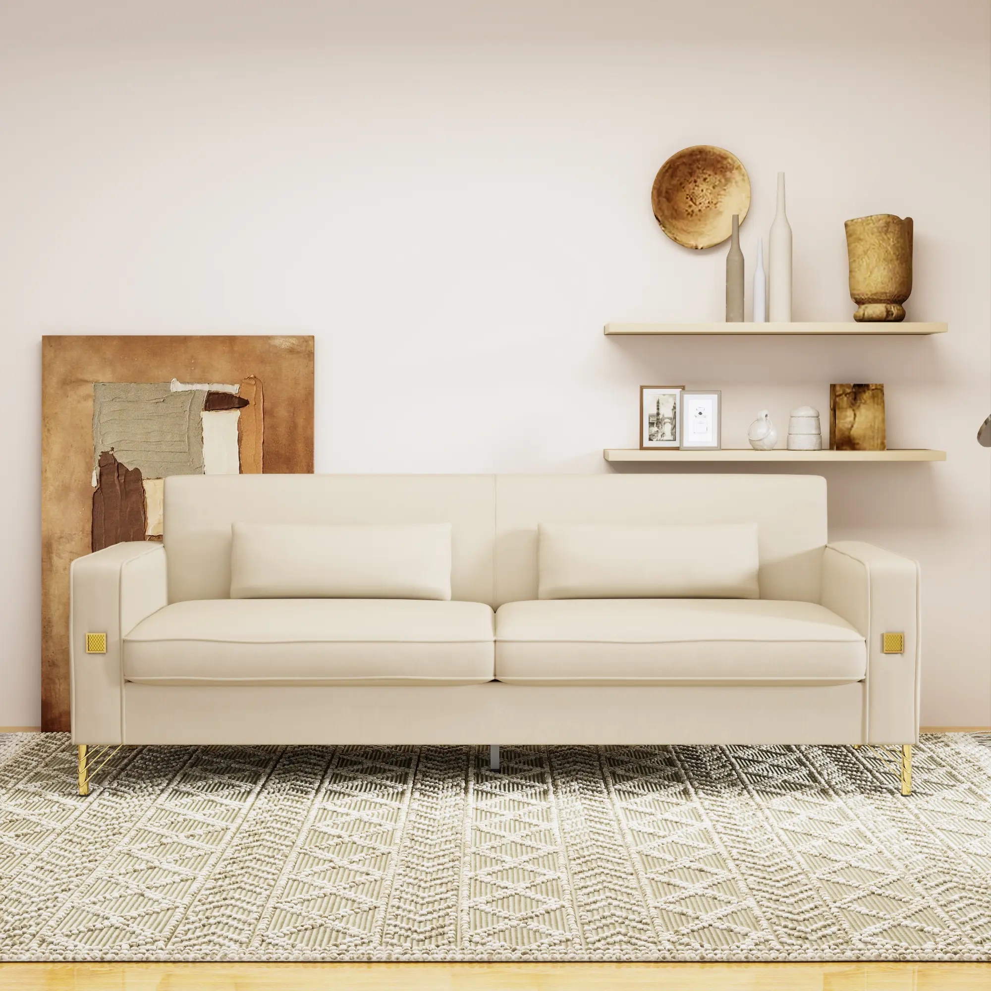 Velvet Sofa Couch for Living Room, 49" Comfy Upholstered Modern Sofa Chair with Gold Metal Legs and Pillow, Luxury Sectional Armchair for Bedroom Office Apartment Black