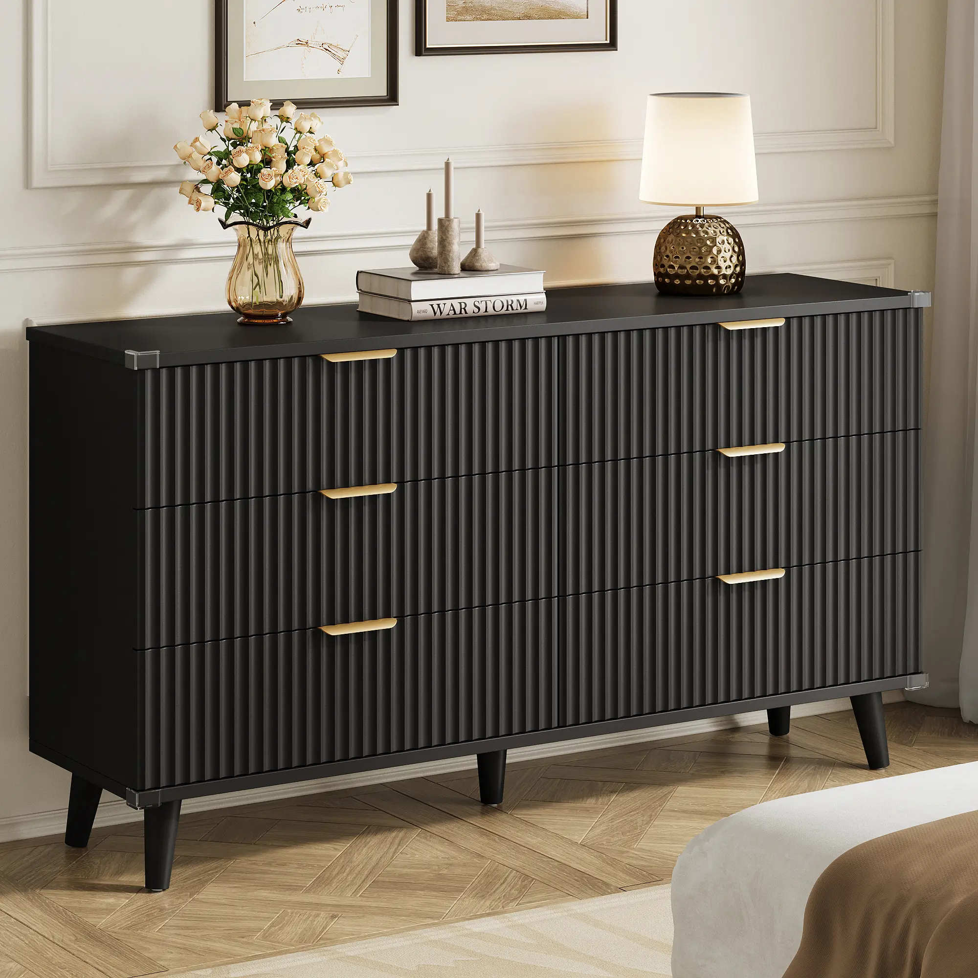 modern long dresser Wood-Metal 7-Drawer Dresser, Black, Modern, Deep-Wide, Honeycomb-shaped Panels, Gold Metal Frame Support, 6 Thick Metal Legs