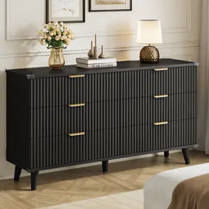 Aowos Fluted 6 Drawer Dresser, Wooden Dressers for Bedroom, 53.2" Wide Modern Long Dresser TV Stand 6 Drawers for Bedroom, Storage Cabinet, Space Saving Orgazier, Drawers Entryway, Home, Dinning, Closet, Living Room, Hallway, Natural, White, Black, Walnut