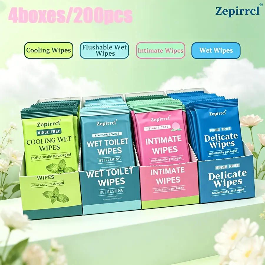 Total of 4 boxes, 200 pieces individually wrapped wet wipes variety combo pack; all-in-one multifunctional cleansing wipe combination set; rinse-free portable single-pack wipes for travel, bathroom, outdoor activities, and everyday personal hygiene.