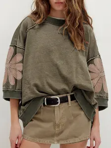 Breen Mineral Wash Raw Seam Patchwork Flower Patched 3/4 Sleeve Oversize Top, Womens Tops 2026 Summer 3/4 Sleeve Floral Sweatshirt Casual Crew Neck Oversized Colorblock Blouses, Casual Everyday Flowy Pullovers