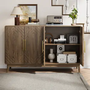 Sideboard Buffet Cabinet With Storage ,Carved 4 Door Sideboard,Multifunctional Accent Cabinet With Adjustable Layer Board For Living Room, Entryway, Hallway, Office, Kitchen and Dining Room,Walnut