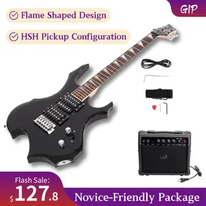 Flame Shaped Electric Guitar Bundle- 20W Amp, HSH Pickups - Complete Kit for Beginners! Includes Bag, Strap, Picks & Tools - Black Usb Audio Interface