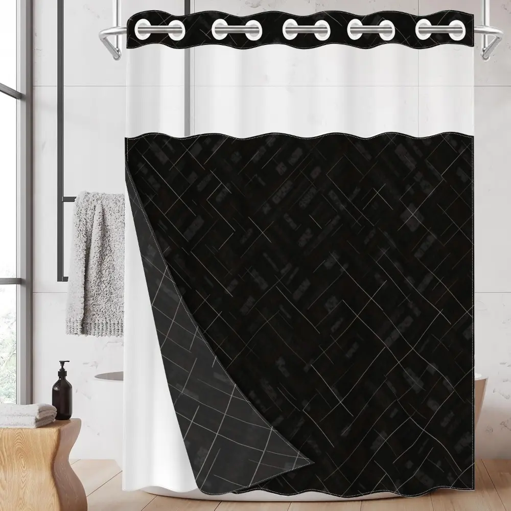 1pc hookless aesthetic shower curtain with buckle lining, black and gray geometric patchwork design, 2D flat printing, waterproof fabric lining, see-through double-layer shower curtain, 71 x 74 inches, modern home draping curtain, Bathroom Curtain