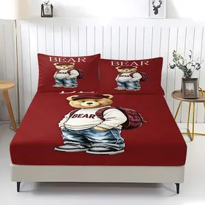 Stylish bear pattern printed bedspread, including 1 bed sheet and 2 pillowcases, with anti-slip dust cover suitable for bedrooms and guest rooms, perfect for personal use or gifting