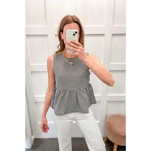 Tied Together Gingham Sleeveless Peplum Top - Black